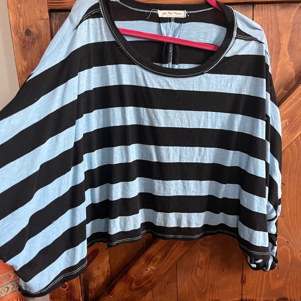 Free People Black and Light Blue Striped Long Sleeve Tee